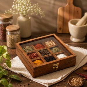 Handmade Rosewood Spice Box, 9 Compartment Masala Organizer, Kitchen Storage Lid, Housewarming Gift