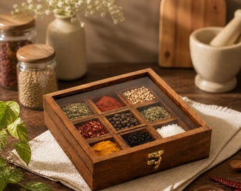 May include: A wooden spice box with a clear glass top, filled with various spices. The box is square with nine compartments, each holding different colored spices. The box sits on a white cloth, with jars and a mortar and pestle in the background.