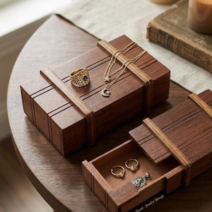 Könnte beinhalten: Hölzerne Schmuckschatulle mit Ring, Halsketten und Ohrringen. Die Schatulle ist braun mit goldenen Akzenten und einer teilweise geöffneten Schublade. Der Ring ist goldfarben mit einem blauen Stein. Die Halsketten haben Stern- und Halbmond-Anhänger.