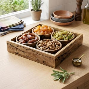 Personalized Fractal Burned Mango Wood Serving Tray, 4 Bowl Snack Server