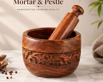 Ensemble de mortier et de pilon en bois sculpté à la main | Moulin à épices en bois naturel | Cadeaux de cuisine