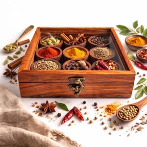Handgemachte Gewürzbox aus Holz, indische Masala Dabba, rustikale Gewürzbox, Glasdeckel