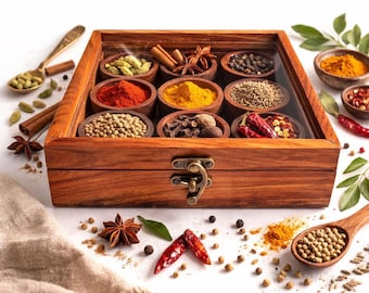 Handmade Wooden Spice Box – Indian Masala Dabba, Rustic Kitchen Organizer, Glass Lid