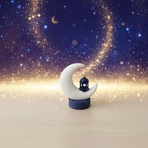 Op de afbeelding: Een decoratieve halve maan met een kleine lantaarn erop, tegen een sterrenhemel met een wervelend gouden lichtspoor. De maan is wit, de lantaarn is donkerblauw en de basis is ook donkerblauw.