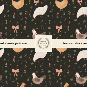Könnte beinhalten: Ein sich wiederholendes Muster mit Aquarellhühnern in Weiß, Braun und Gelb, durchsetzt mit rosa Schleifen, roten Blumen und grünem Laub auf dunklem Hintergrund. Der Text "hand drawn pattern" und "instant download" ist ebenfalls vorhanden.