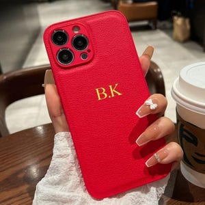 Personalized Red Pebble Grain Leather Phone Case, Custom Gold Initials Cover
