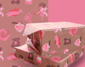 Valentinstag Geschenkpapier Mokka Braun und Rosa Romantische Symbole