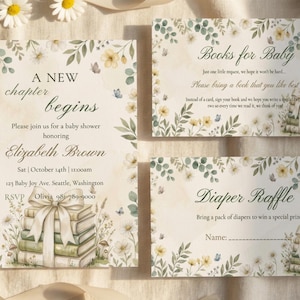 A New Chapter Baby Shower Mini Bundle, Storybook Book Theme 5pc Editable Printable Set, Gender Neutral, Canva Template, Digital Download