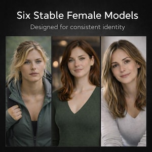 May include: Image features three women in a row, each with different hair colors and styles. The text at the top reads "Six Stable Female Models Designed for consistent identity."