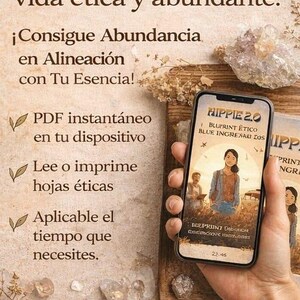 Könnte beinhalten: Ein Smartphone zeigt das Cover von "Hippie 2.0" mit einer Illustration einer Frau und eines Vans. Das Bild enthält Text auf Spanisch: "Tu guía para un vida ética y abundante" und "Consigue Abundancia en Alineación con Tu Esencia!"