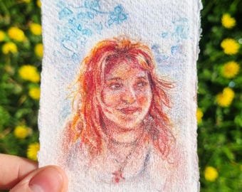 Custom mini coloured pencil portrait on handmade paper based on photo