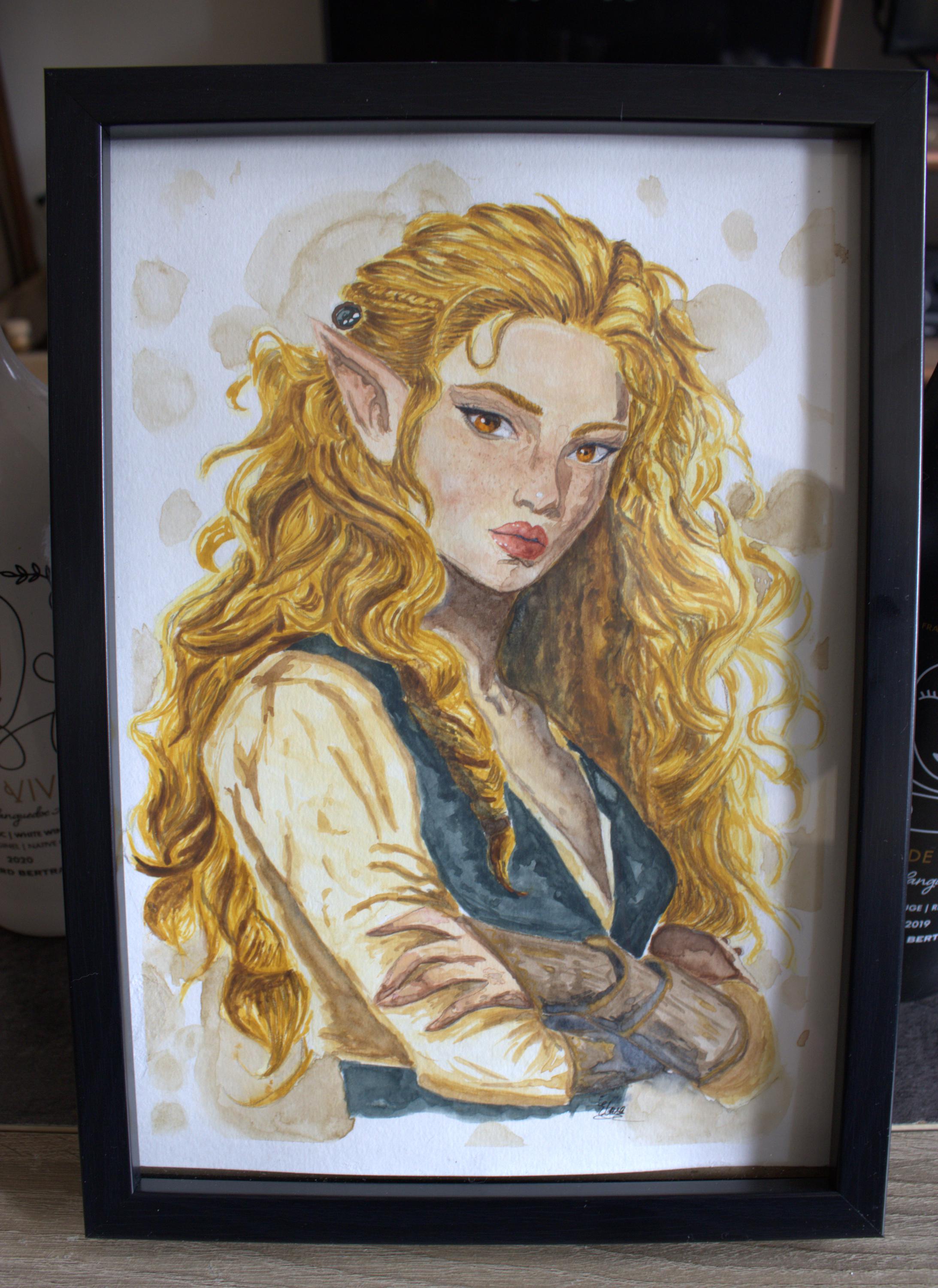 Acuarela original - Elara, la elfa pintora