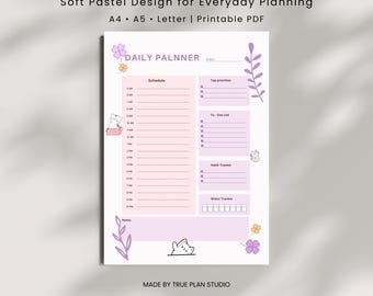 Daily Planner Printable | Kawaii Pastel Daily Schedule | To-Do List & Priorities | A4 A5 Letter PDF