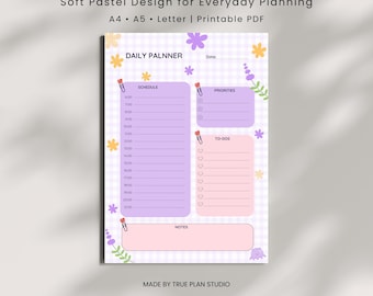 Cute Daily Planner Printable | Kawaii Pastel Daily Schedule | To-Do List & Priorities | A4 A5 Letter PDF