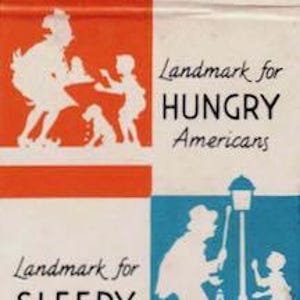 May include: Vintage matchbook cover with a retro design. The cover features the Howard Johnson's logo in blue and white, with text indicating restaurants and motor lodges. Illustrations depict people, and the text reads "Landmark for Hungry Americans" and "Landmark for Sleepy Americans."