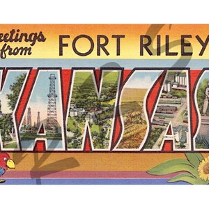 Instant Download, Printable Art, Fort Riley, Kansas, WWII, Big Letter, Greetings From, Vintage Postcard, Old Postcards