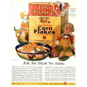 Post Toasties Cereal, Corn Flakes, Digital Artwork, Color Vintage Ad, Wall Art Decor, Digital Download Print, Instant Download Printable Art