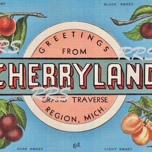 Grand Traverse Michigan Cherryland | Salutations de | Grande lettre | Carte postale vintage en téléchargement numérique imprimable