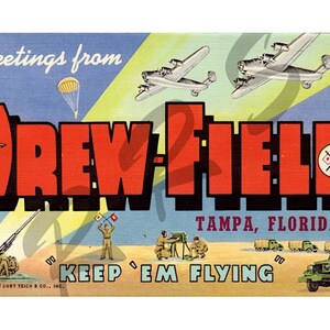 WWII Era Digital Download Old Florida Greetings From Drew Field Tampa Vintage Postcard Instant Printable