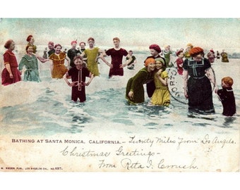 Instant Download Printable Art, Bathing at Santa Monica Beach, California, 1903, Vintage Postcard, Historical Card, Print