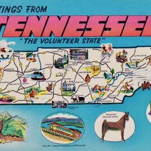 Tennessee / Saluti da / Mappa dello Stato / Lookout Mountain / Lettera grande / Cartolina d'epoca Stampabile istantanea Download digitale