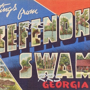 Okefenokee Swap Géorgie | Salutations de | Grande lettre | Carte postale vintage en téléchargement numérique imprimable