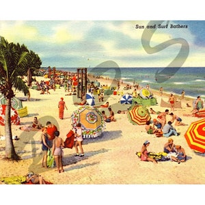Téléchargement numérique vieille plage de Floride Bum baigneurs parapluies scène de plage vacances d'été carte postale vintage imprimable instantanée