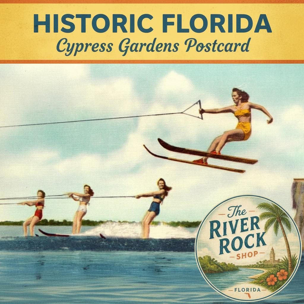Vintage Cypress Gardens Florida Postcard, Women Water Skiers