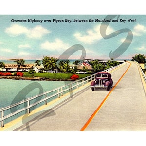 Digitale download Old Florida Pigeon Key Overseas Highway Key West Car Bridge Vintage ansichtkaart direct afdrukbaar