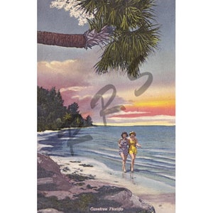 Digitaler Download Alte Florida Geschichte Frauen zu Fuß am Strand bei Sonnenuntergang Freundschaft Palme Vintage Postkarte Sofort druckbar