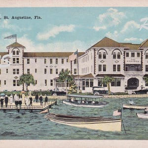 Sint-Augustinus | Monson Hotel | Boten | Klassieke auto's | Oud Florida | Vintage briefkaart direct afdrukbare digitale download