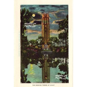 Download instantâneo de arte para impressão, download digital Cartão postal vintage da Flórida Bok Singing Tower Gardens Lake Wales Early Night Lua cheia