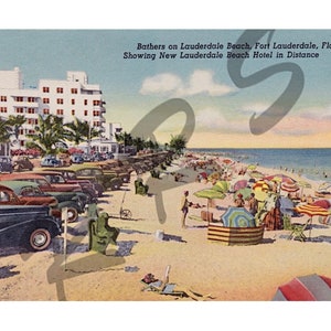 Téléchargement numérique vieille histoire de la Floride Lauderdale Beach Hotel baigneurs vieilles voitures carte postale vintage imprimable instantanée