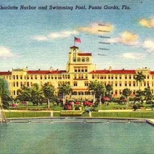 Download immediato di arte stampabile, Hotel Charlotte Harbor Piscina Punta Gorda Florida Cartolina di lino - Download digitale