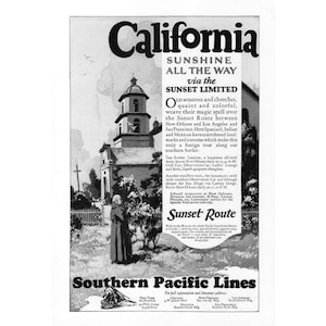 Digital Download Southern Pacific Lines California Sunset Route Spanish Mission 1920s Vintage Advertising JPG PDF