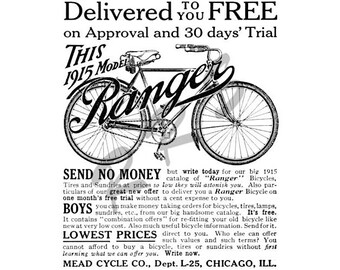1915 Mead Ranger Bicycle, Instant Download Printable Art, Vintage Bike, Digital Clip Art, Digital Download