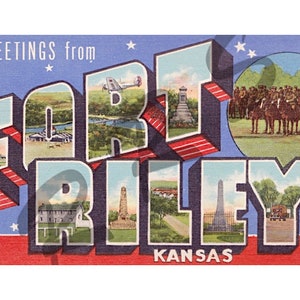 Instant Download, Printable Art, Fort Riley, Kansas, WWII, Big Letter, Greetings From, Vintage Postcard, Old Postcards, Military