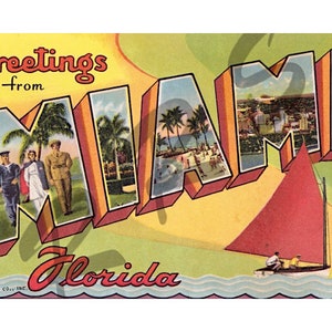 Greetings From Miami | Old Florida | Big Letter Vintage Retro Postcard | WWII Era |Travel Junk Journal | Printable | Digital Download