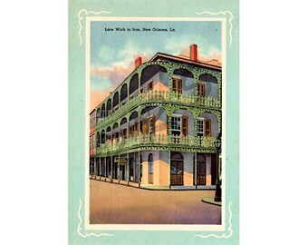 New Orleans Louisiana Iron Lacework Railing Digital Download WWII Era Vintage Postcard Instant Printable
