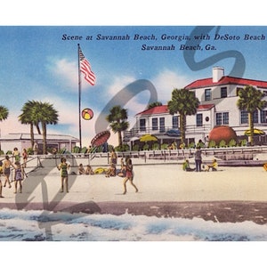 Savannah, Georgien | Sofortiger Download, druckbare Kunst, DeSoto Beach Hotel, Beachball, Badegäste, alte Postkarte