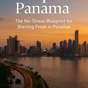 Op de afbeelding: Boekomslag van "Escape to Panama" met een zonsondergang boven een skyline. De tekst luidt "The No-Stress Blueprint for Starting Fresh in Paradise" door Jaylen Bobbitt. Een kustweg en palmbomen zijn zichtbaar.