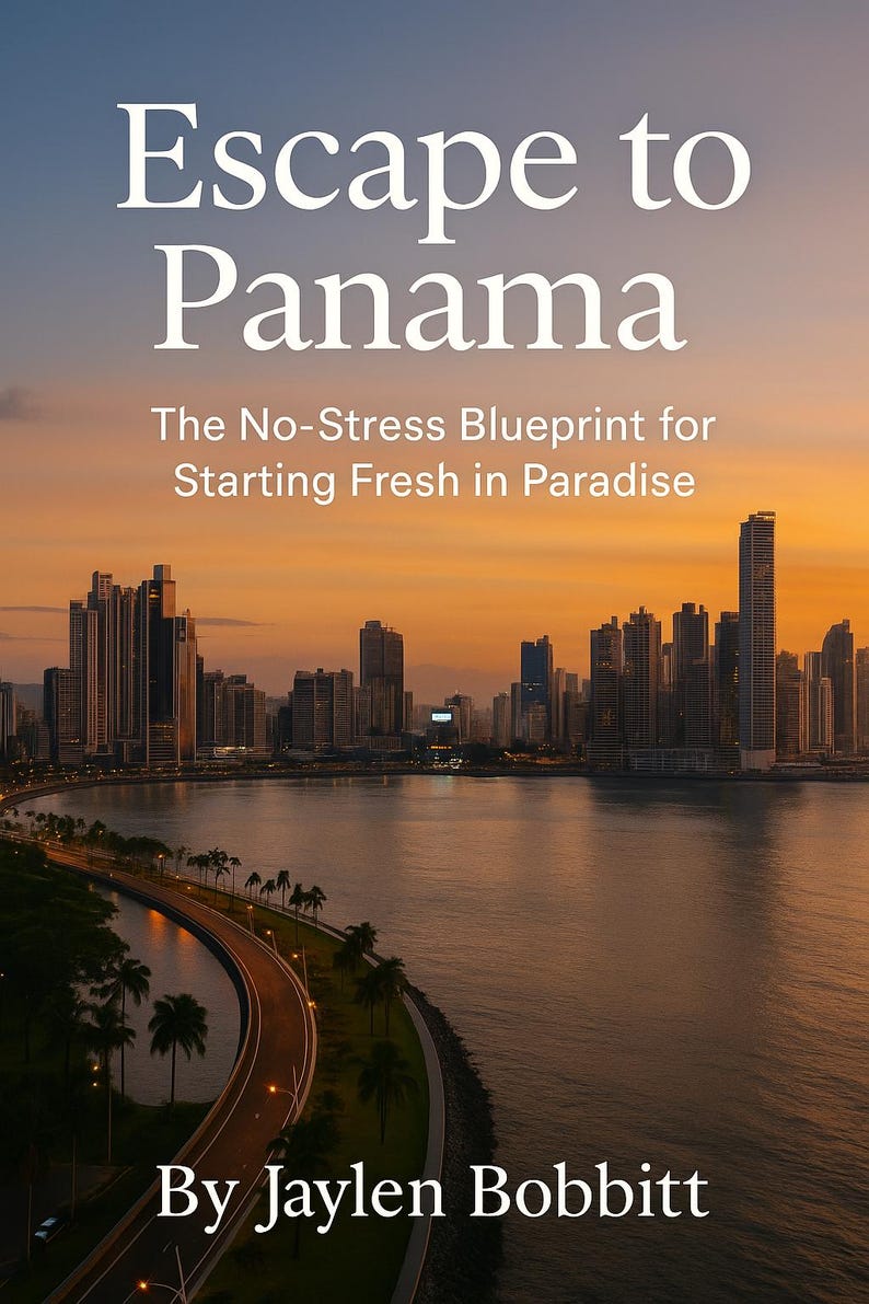 Op de afbeelding: Boekomslag van "Escape to Panama" met een zonsondergang boven een skyline. De tekst luidt "The No-Stress Blueprint for Starting Fresh in Paradise" door Jaylen Bobbitt. Een kustweg en palmbomen zijn zichtbaar.