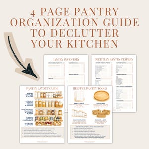 Pode incluir: Um guia de organiza&ccedil;&atilde;o de despensa de quatro p&aacute;ginas com o texto "4 PAGE PANTRY ORGANIZATION GUIDE TO DECLUTTER YOUR KITCHEN". O guia inclui se&ccedil;&otilde;es sobre invent&aacute;rio, alimentos b&aacute;sicos, layout e ferramentas, com ilustra&ccedil;&otilde;es de itens de despensa.