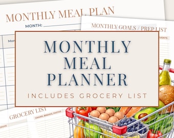 Monthly Meal Planner Printable, Grocery List Template, Menu Calendar PDF