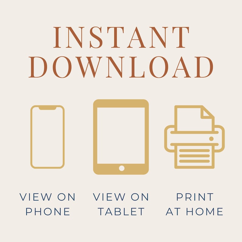 Pode incluir: Gr&aacute;fico de arte digital com as palavras "INSTANT DOWNLOAD" em castanho. Abaixo est&atilde;o ilustra&ccedil;&otilde;es de um telefone, tablet e impressora com o texto "VIEW ON PHONE", "VIEW ON TABLET" e "PRINT AT HOME" em azul.