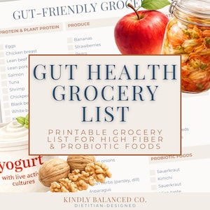 Inköpslista för tarmhälsa, fiberrik och probiotisk mat för matsmältningsvälbefinnande i PDF-format