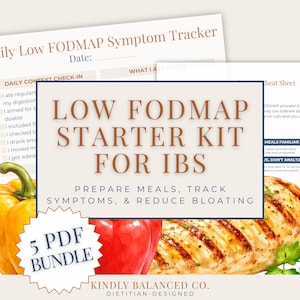 Kit de inicio bajo en FODMAP para el SII, plan de comidas, lista de alimentos y registro de síntomas en formato PDF.