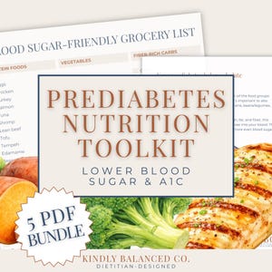 Boîte à outils sur la nutrition du prédiabète, liste de courses de collations et de repas glycémiques, lot de guides d'A1C inférieurs