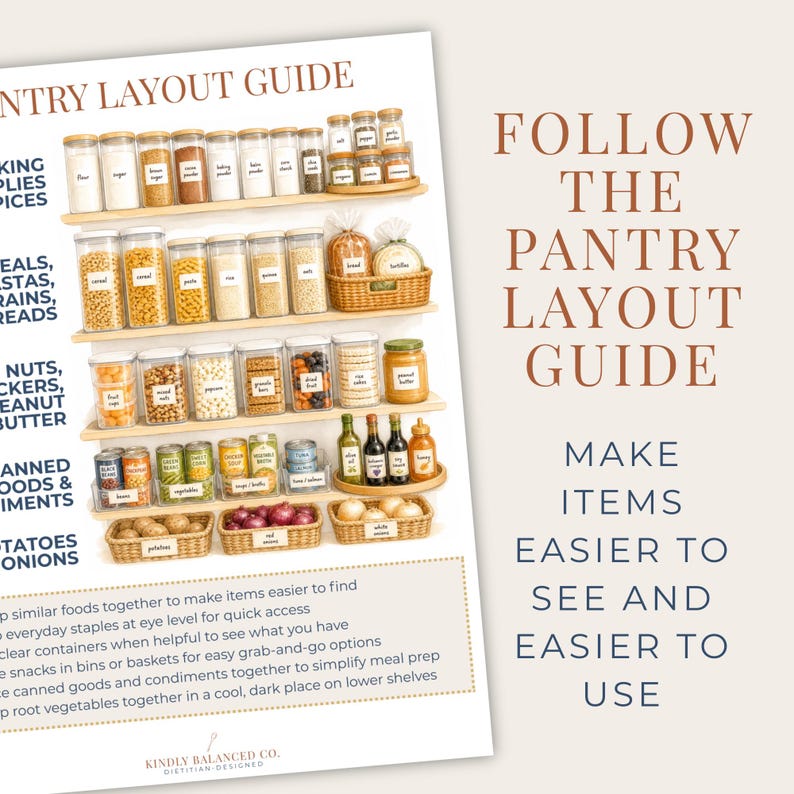 Pode incluir: Um guia de layout de despensa com ilustra&ccedil;&otilde;es de prateleiras organizadas. O guia apresenta se&ccedil;&otilde;es rotuladas para especiarias, gr&atilde;os, nozes, conservas e produtos. O texto diz "Siga o Guia de Layout da Despensa" e "Torne os itens mais f&aacute;ceis de ver e usar".