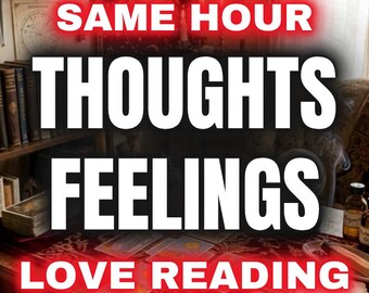 May include: An image featuring the text "SAME HOUR THOUGHTS FEELINGS LOVE READING" in large white letters with a red glow. The scene includes books, tarot cards, and a mystical sun and moon tapestry, suggesting a spiritual or divination theme.